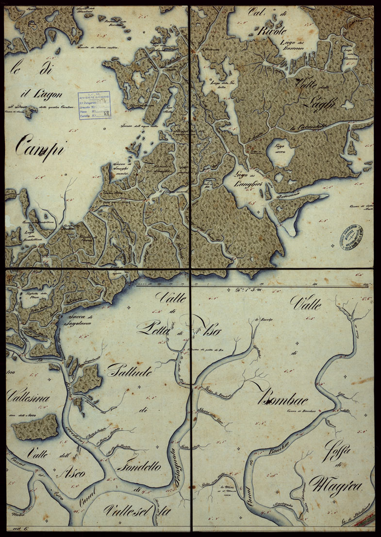 (N:1808) PLAN DER SEE-STADT ADT UND FESTUNG VENEDIG SAMMT HREN LAGUNEN UND DEM DIESE UMGEBEN DEN FESTEN LANDE VON DER MUNDUNG DER ETSCHRIS ZU JENER DER PIAVE. + CENNI SULLA COSTRUZIONE DELLA CARTA ANNO 1849 - FOGLIO 12 (CA004149) Carte e stampe antiche: riproduzione a colori su carta (formato A1)