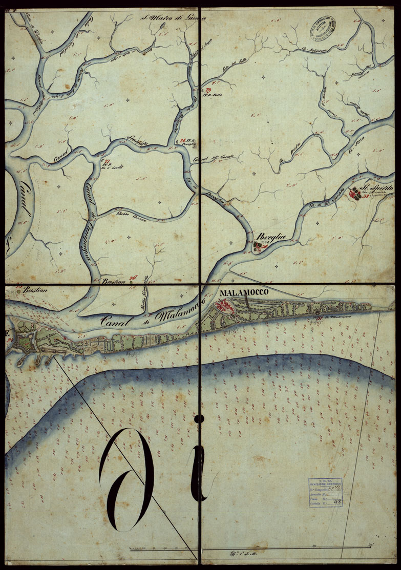 (N:1810) PLAN DER SEE-STADT ADT UND FESTUNG VENEDIG SAMMT HREN LAGUNEN UND DEM DIESE UMGEBEN DEN FESTEN LANDE VON DER MUNDUNG DER ETSCHRIS ZU JENER DER PIAVE. + CENNI SULLA COSTRUZIONE DELLA CARTA ANNO 1849 - FOGLIO 14 (CA004151) Carte e stampe antiche: riproduzione a colori su carta (formato A1)
