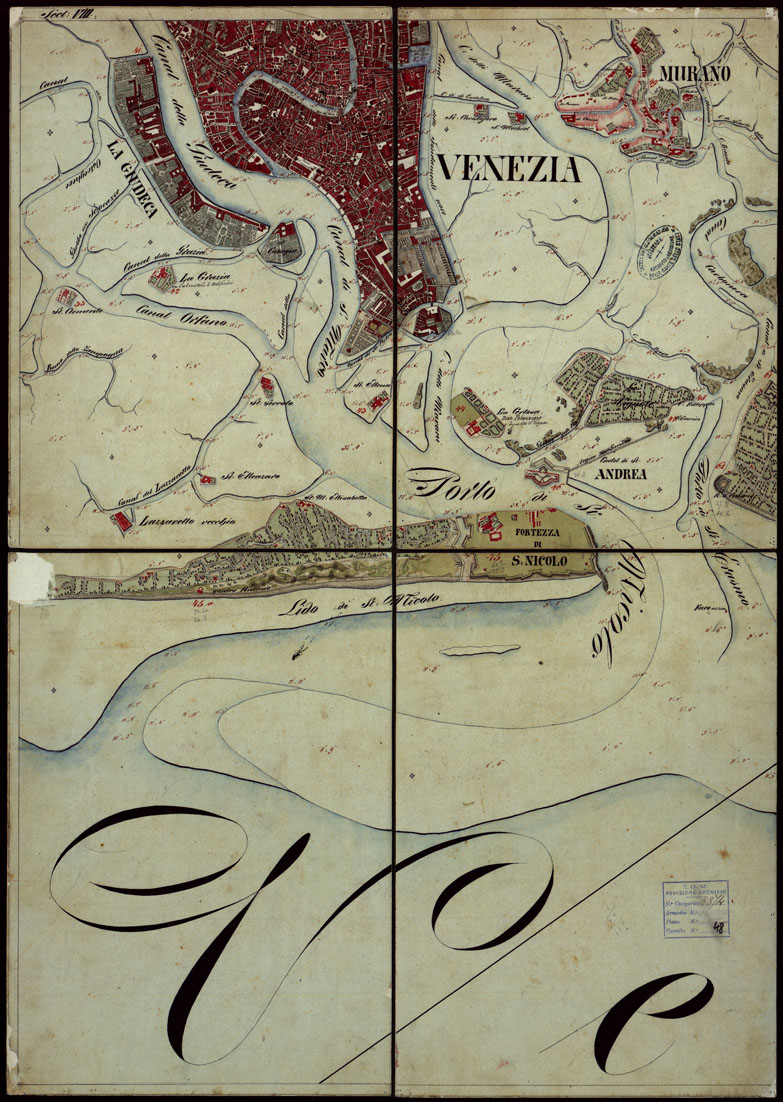 (N:1811) PLAN DER SEE-STADT ADT UND FESTUNG VENEDIG SAMMT HREN LAGUNEN UND DEM DIESE UMGEBEN DEN FESTEN LANDE VON DER MUNDUNG DER ETSCHRIS ZU JENER DER PIAVE. + CENNI SULLA COSTRUZIONE DELLA CARTA ANNO 1849 - FOGLIO 15 (CA004152) Carte e stampe antiche: riproduzione a colori su carta (formato A1)
