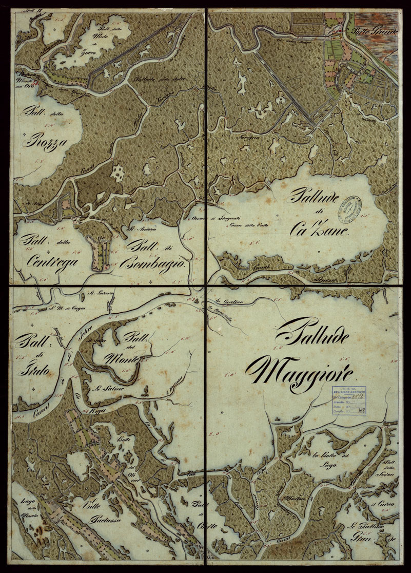 (N:1813) PLAN DER SEE-STADT ADT UND FESTUNG VENEDIG SAMMT HREN LAGUNEN UND DEM DIESE UMGEBEN DEN FESTEN LANDE VON DER MUNDUNG DER ETSCHRIS ZU JENER DER PIAVE. + CENNI SULLA COSTRUZIONE DELLA CARTA ANNO 1849 - FOGLIO 17 (CA004154) Carte e stampe antiche: riproduzione a colori su carta (formato A1)