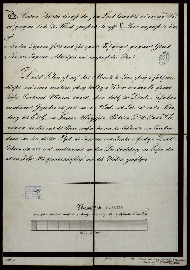 (N:1828) PLAN DER SEE-STADT ADT UND FESTUNG VENEDIG SAMMT HREN LAGUNEN UND DEM DIESE UMGEBEN DEN FESTEN LANDE VON DER MUNDUNG DER ETSCHRIS ZU JENER DER PIAVE. + CENNI SULLA COSTRUZIONE DELLA CARTA ANNO 1849 - FOGLIO 30 ANNOTAZIONI (CA004167) Carte e stampe antiche: riproduzione a colori su carta (formato A1)