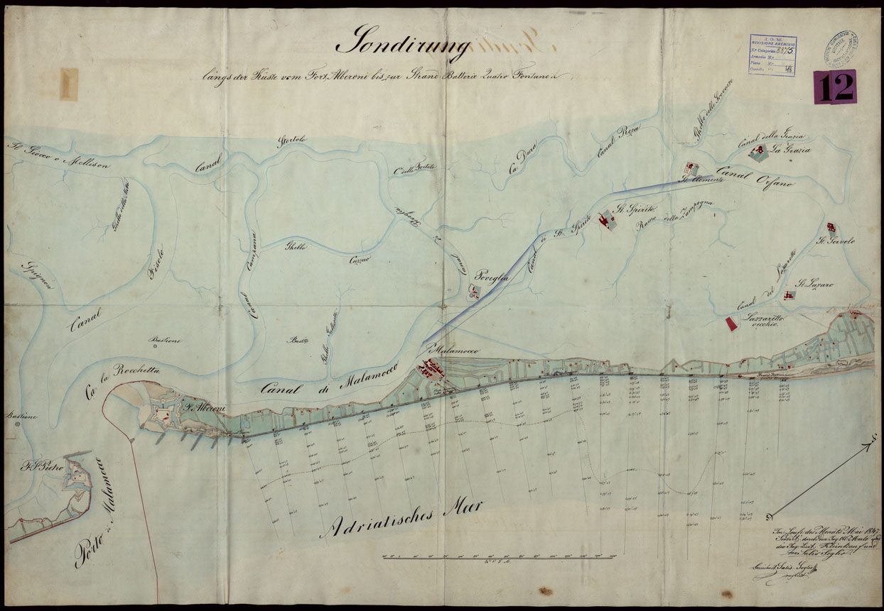 (N:24428) PLAN DER SEE-STADT ADT UND FESTUNG VENEDIG SAMMT HREN LAGUNEN UND DEM DIESE UMGEBEN DEN FESTEN LANDE VON DER MUNDUNG DER ETSCHRIS ZU JENER DER PIAVE. + CENNI SULLA COSTRUZIONE DELLA CARTA ANNO 1849 (CA004173) Carte e stampe antiche: riproduzione a colori su carta (formato A1)