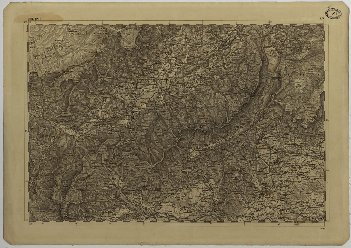 (N:11751) CARTA TOPOGRAFICA DELLA LOMBARDIA, DEL VENETO E DELL'ITALIA CENTRALE IN 88 FOGLI - F.3 BELLUNO (CA004265) Carte e stampe antiche: riproduzione a colori su carta (formato A1)