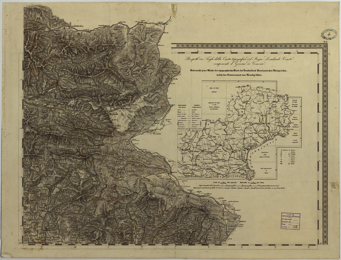 (N:14773) CARTA TOPOGRAFICA DEL REGNO LOMBARDO-VENETO COSTRUTTA SOPRA MISURE ASTRONOMICO-TRIGONOMETRICHE ED INCISA A MILANO NELL'ISTITUTO GEOGRAFICO MILITARE DELL'I.R. STATO MAGGIORE GENERALE AUSTRIACO - QUADRO D'UNIONE (CA004398) Carte e stampe antiche: riproduzione a colori su carta (formato A1)