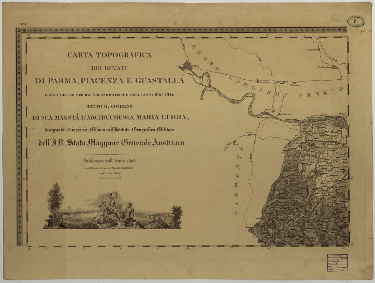 (N:13130) CARTA TOPOGRAFICA DEI DUCATI DI PARMA,PIACENZA E GUASTALLA LEVATA DIETRO MISURE TRIGONOMETRICHE NEGLI ANNI 1821-1822 SOTTO IL GOVERNO DI SUA MAESTA' L'ARCIDUCHESSA MARIA LUIGIA DISEGNATA ED INCISA IN MILANO NELL'ISTITUTO GEOGRAFICO MILITARE - FI (CA004402) Carte e stampe antiche: riproduzione a colori su carta (formato A1)