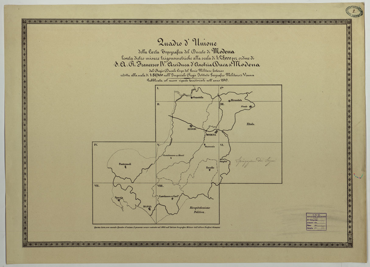 (N:9662) CARTA TOPOGRAFICA DEL DUCATO DI MODENA LEVATA DIETRO MISURE TRIGONOMETRICHE alla scala di 1 28,800 PER ORDINE DI SUA LATEZZA REALE FRANCESCO IV ARCIDUCA D'AUSTRIA, DUCA DI MODENA DEL REGIO DUCALE CORPO DEL GENIO MILITARE ESTENSE - QUADRO D'UNIONE (CA004421) Carte e stampe antiche: riproduzione a colori su carta (formato A1)