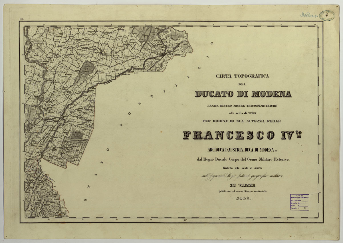 (N:9656) CARTA TOPOGRAFICA DEL DUCATO DI MODENA LEVATA DIETRO MISURE TRIGONOMETRICHE alla scala di 1 28,800 PER ORDINE DI SUA ALTEZZA REALE FRANCESCO IV ARCIDUCA D'AUSTRIA, DUCA DI MODENA DEL REGIO DUCALE CORPO DEL GENIO MILITARE ESTENSE - III (CA004425) Carte e stampe antiche: riproduzione a colori su carta (formato A1)