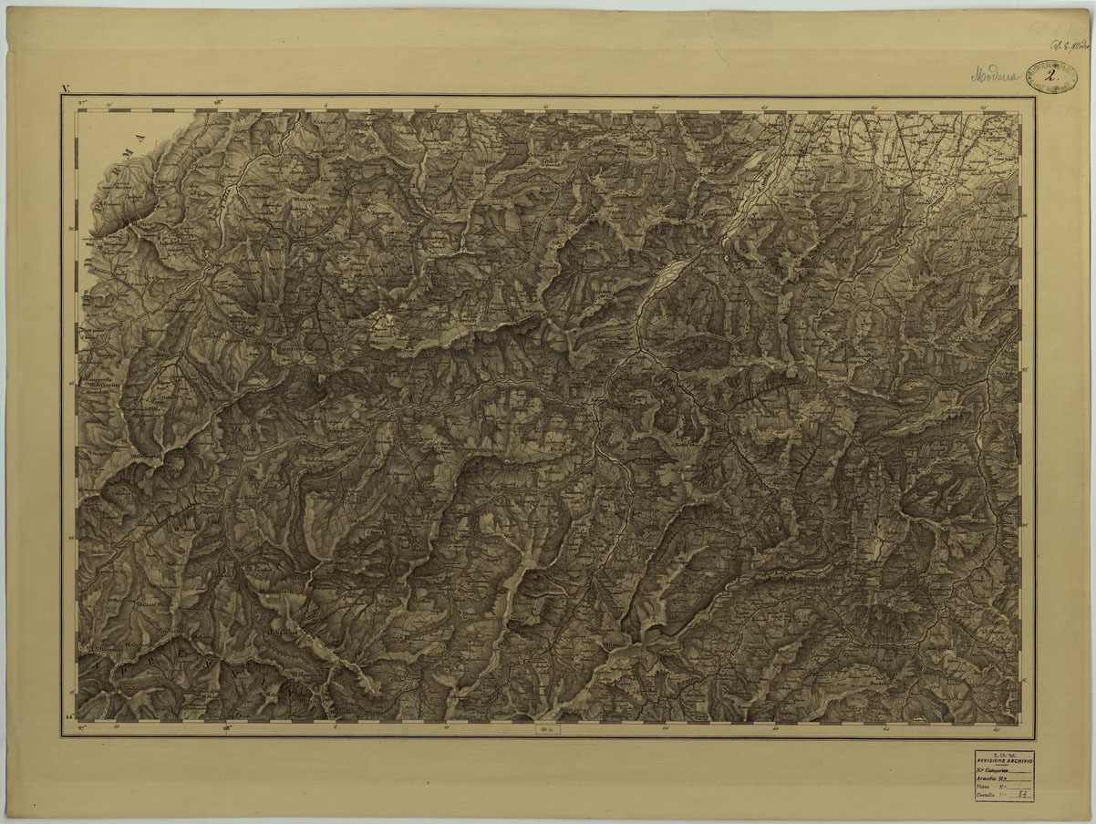 (N:9658) CARTA TOPOGRAFICA DEL DUCATO DI MODENA LEVATA DIETRO MISURE TRIGONOMETRICHE alla scala di 1 28,800 PER ORDINE DI SUA ALTEZZA REALE FRANCESCO IV ARCIDUCA D'AUSTRIA, DUCA DI MODENA DEL REGIO DUCALE CORPO DEL GENIO MILITARE ESTENSE - V (CA004427) Carte e stampe antiche: riproduzione a colori su carta (formato A1)
