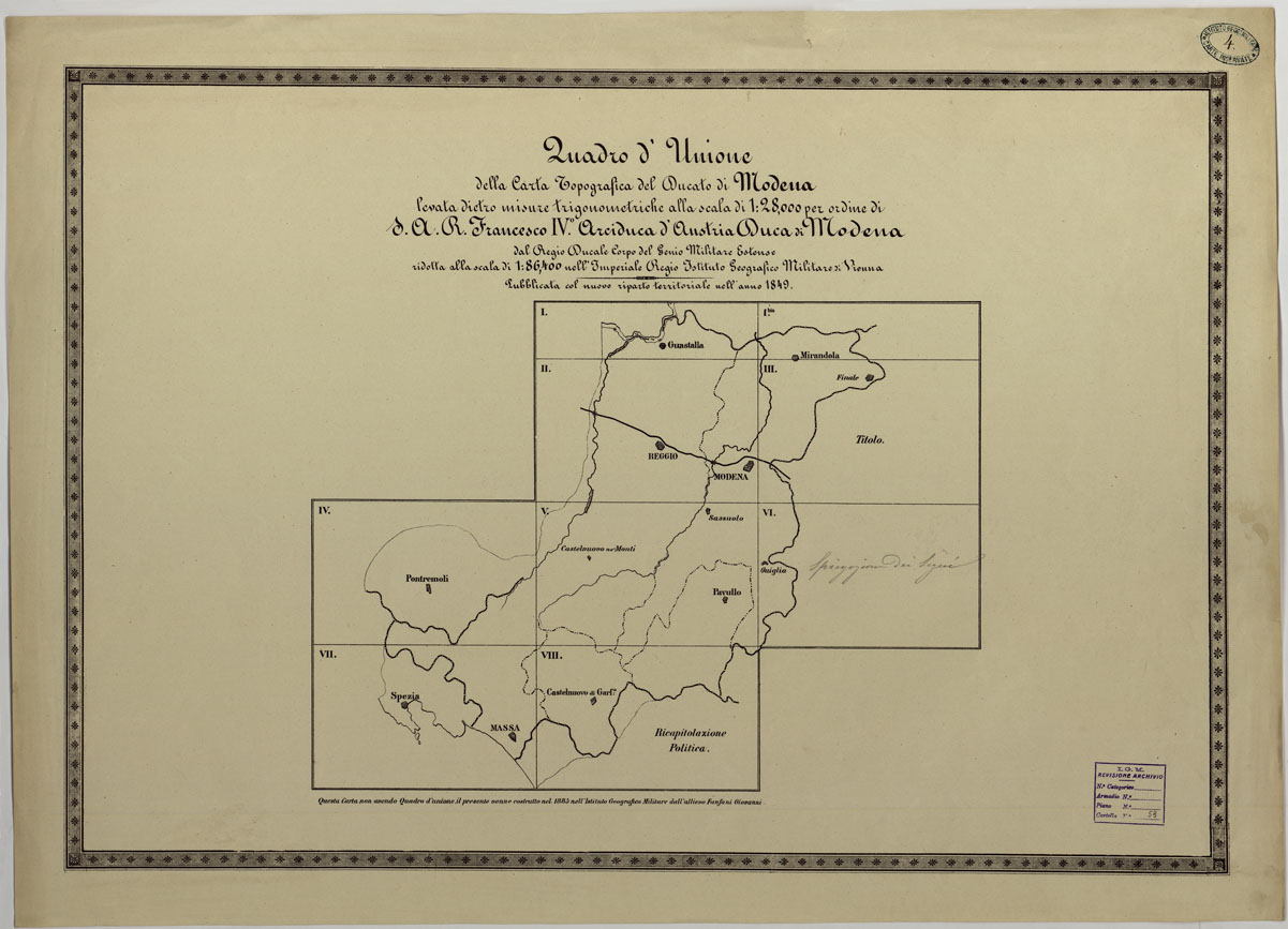 (N:24507) CARTA TOPOGRAFICA DEL DUCATO DI MODENA LEVATA DIETRO MISURE TRIGONOMETRICHE alla scala di 1 28,800 PER ORDINE DI SUA ALTEZZA REALE FRANCESCO IV ARCIDUCA D'AUSTRIA, DUCA DI MODENA DEL REGIO DUCALE CORPO DEL GENIO MILITARE ESTENSE - QUADRO D'UNIONE (CA004431) Carte e stampe antiche: riproduzione a colori su carta (formato A1)