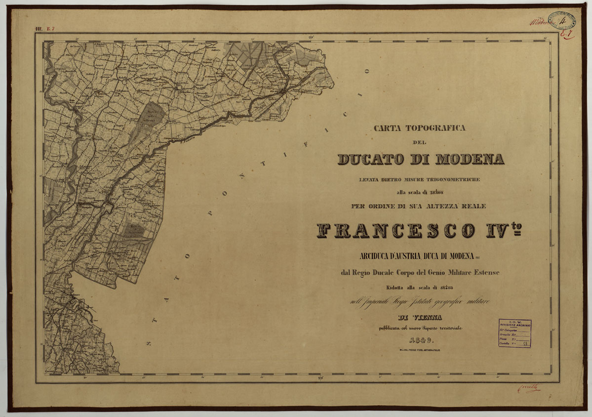 (N:24511) CARTA TOPOGRAFICA DEL DUCATO DI MODENA LEVATA DIETRO MISURE TRIGONOMETRICHE alla scala di 1 28,800 PER ORDINE DI SUA LATEZZA REALE FRANCESCO IV ARCIDUCA D'AUSTRIA, DUCA DI MODENA DEL REGIO DUCALE CORPO DEL GENIO MILITARE ESTENSE - E.7 (CA004435) Carte e stampe antiche: riproduzione a colori su carta (formato A1)