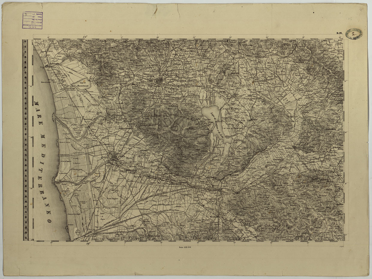 (N:8079) CARTA TOPOGRAFICA DELLO STATO PONTIFICIO E DEL GRAN-DUCATO DI TOSCANA COSTRUTTA SOPRA MISURE ASTRONOMICO TRIGONOMETRICHE ED INCISA SOPRA PIETRA A VIENNA NELL'I.R. ISTITUTO GEOGRAFICO MILITARE - FOGLIO D.10 (CA004447) Carte e stampe antiche: riproduzione a colori su carta (formato A1)
