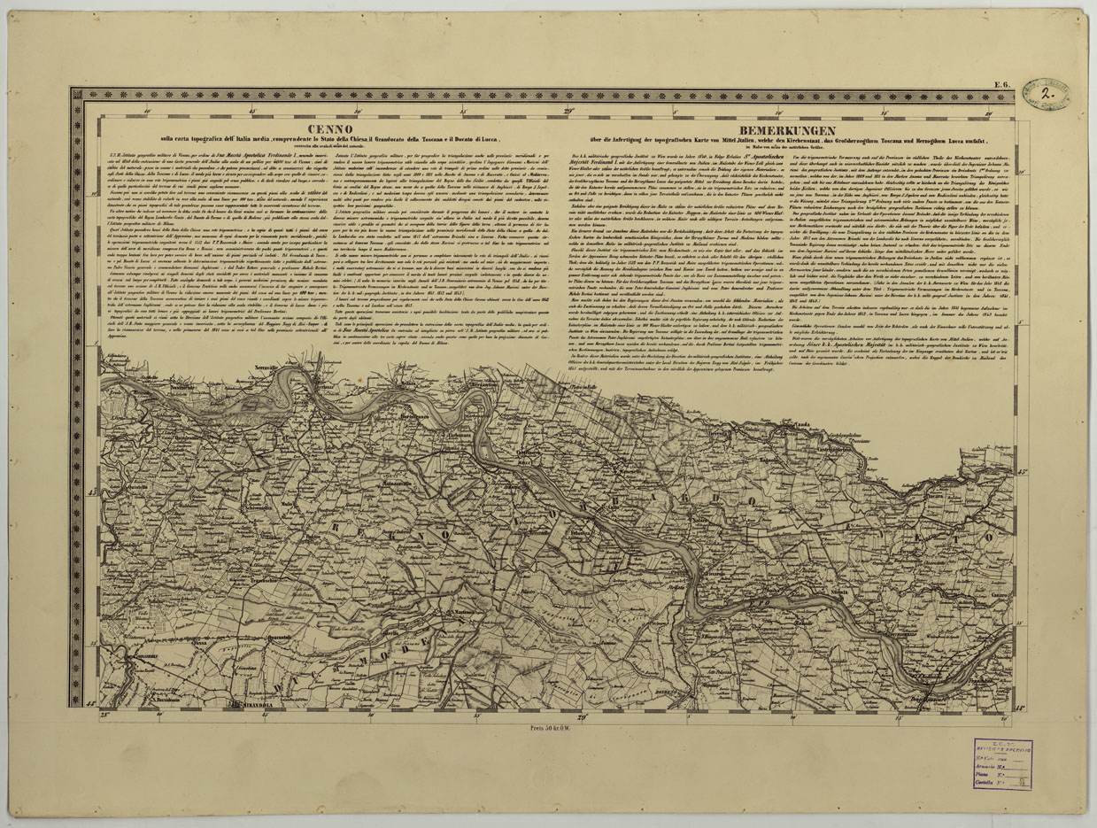 (N:8083) CARTA TOPOGRAFICA DELLO STATO PONTIFICIO E DEL GRAN-DUCATO DI TOSCANA COSTRUTTA SOPRA MISURE ASTRONOMICO TRIGONOMETRICHE ED INCISA SOPRA PIETRA A VIENNA NELL'I.R. ISTITUTO GEOGRAFICO MILITARE - FOGLIO E.6 (CA004452) Carte e stampe antiche: riproduzione a colori su carta (formato A1)
