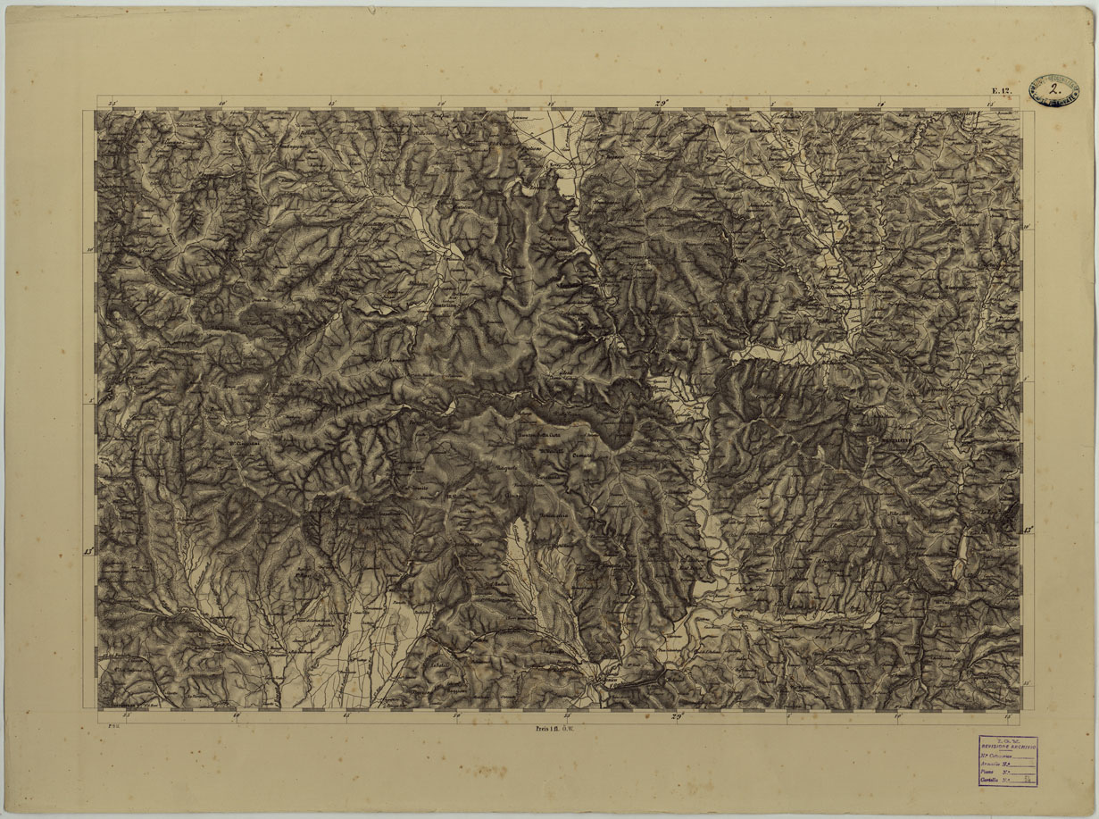 (N:8091) CARTA TOPOGRAFICA DELLO STATO PONTIFICIO E DEL GRAN-DUCATO DI TOSCANA COSTRUTTA SOPRA MISURE ASTRONOMICO TRIGONOMETRICHE ED INCISA SOPRA PIETRA A VIENNA NELL'I.R. ISTITUTO GEOGRAFICO MILITARE - FOGLIO E.12 (CA004458) Carte e stampe antiche: riproduzione a colori su carta (formato A1)