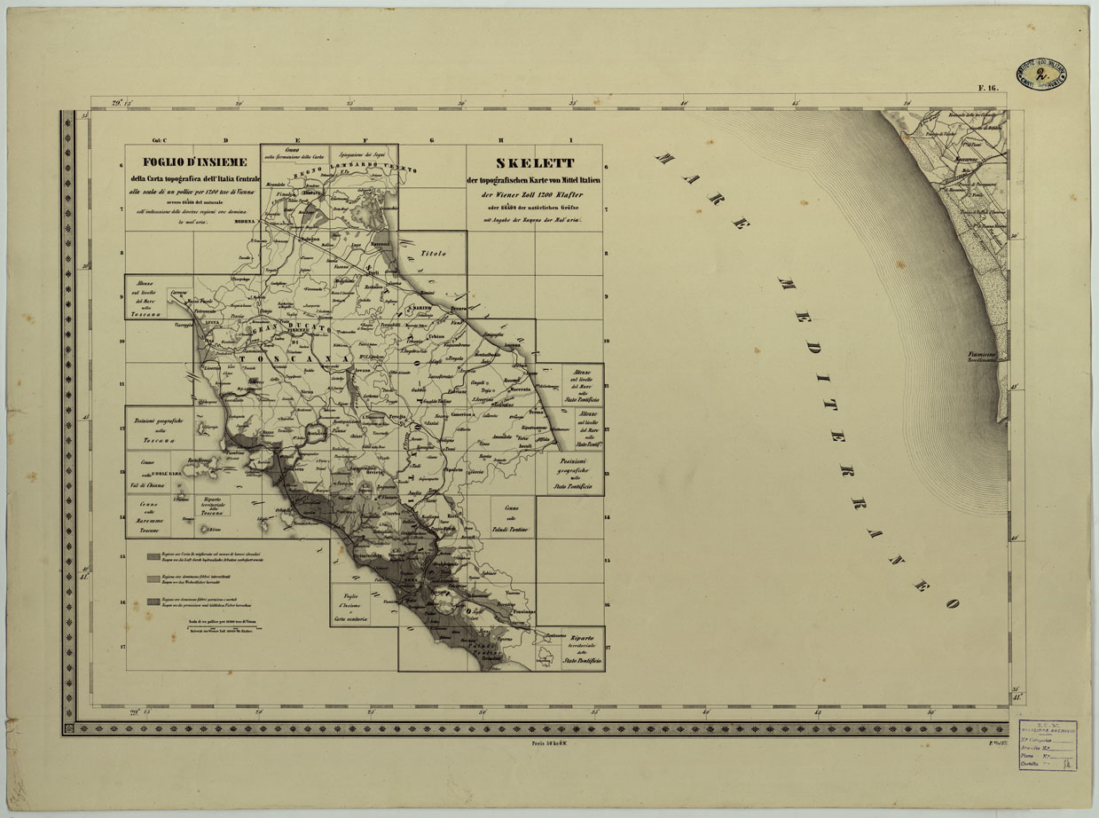 (N:8101) CARTA TOPOGRAFICA DELLO STATO PONTIFICIO E DEL GRAN-DUCATO DI TOSCANA COSTRUTTA SOPRA MISURE ASTRONOMICO TRIGONOMETRICHE ED INCISA SOPRA PIETRA A VIENNA NELL'I.R. ISTITUTO GEOGRAFICO MILITARE - FOGLIO F.16 QUADRO D'UNIONE (CA004471) Carte e stampe antiche: riproduzione a colori su carta (formato A1)