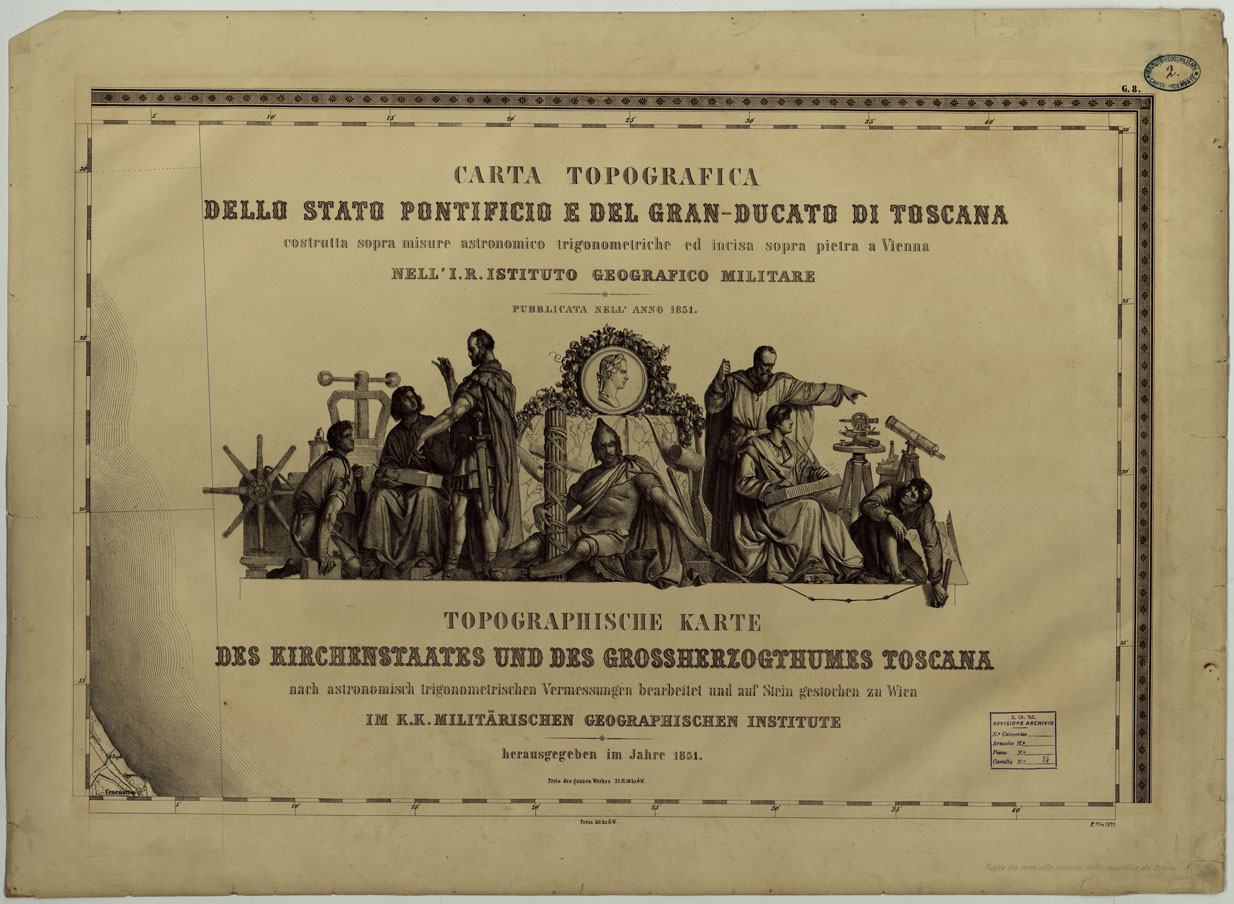 (N:8103) CARTA TOPOGRAFICA DELLO STATO PONTIFICIO E DEL GRAN-DUCATO DI TOSCANA COSTRUTTA SOPRA MISURE ASTRONOMICO TRIGONOMETRICHE ED INCISA SOPRA PIETRA A VIENNA NELL'I.R. ISTITUTO GEOGRAFICO MILITARE - FOGLIO G.8 TITOLO (CA004473) Carte e stampe antiche: riproduzione a colori su carta (formato A1)