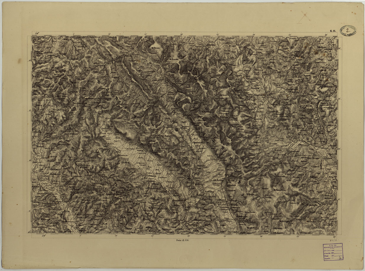 (N:8105) CARTA TOPOGRAFICA DELLO STATO PONTIFICIO E DEL GRAN-DUCATO DI TOSCANA COSTRUTTA SOPRA MISURE ASTRONOMICO TRIGONOMETRICHE ED INCISA SOPRA PIETRA A VIENNA NELL'I.R. ISTITUTO GEOGRAFICO MILITARE - FOGLIO G.11 (CA004476) Carte e stampe antiche: riproduzione a colori su carta (formato A1)