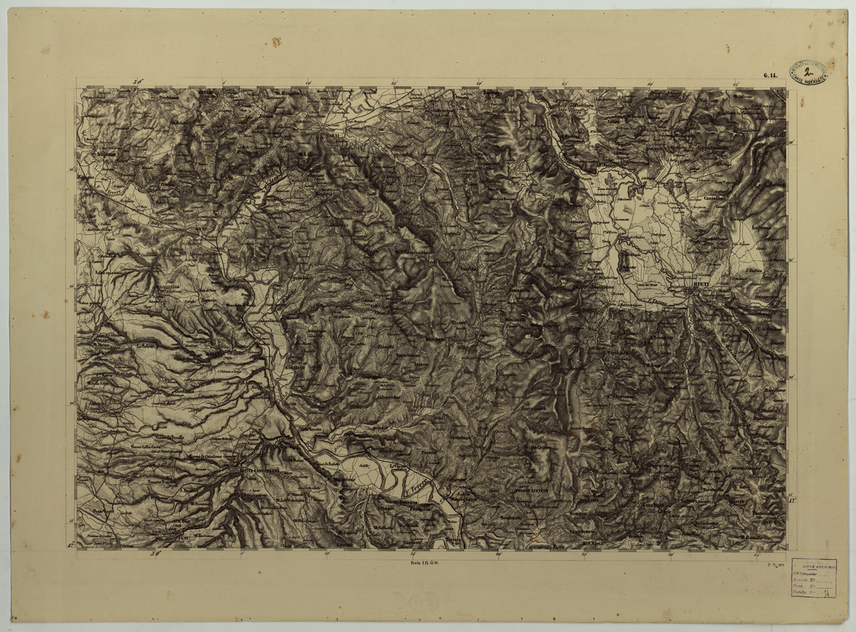(N:8109) CARTA TOPOGRAFICA DELLO STATO PONTIFICIO E DEL GRAN-DUCATO DI TOSCANA COSTRUTTA SOPRA MISURE ASTRONOMICO TRIGONOMETRICHE ED INCISA SOPRA PIETRA A VIENNA NELL'I.R. ISTITUTO GEOGRAFICO MILITARE - FOGLIO G.14 (CA004479) Carte e stampe antiche: riproduzione a colori su carta (formato A1)