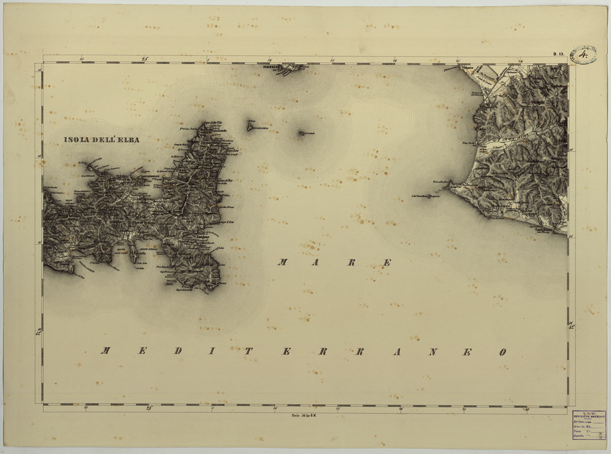 (N:24654) CARTA TOPOGRAFICA DELLO STATO PONTIFICIO E DAL GRAN-DUCATO DI TOSCANA COSTRUTTA SOPRA MISURE ASTRONOMICO TRIGONOMETRICHE CHE ED INCISA SOPRA PIETRA A VIENNA NELL'I.R. ISTITUTO GEOGRAFICO MILITARE PUBBLICATA NELL'ANNO 1851 - FOG. D.13 ISOLA D'ELBA (CA004503) Carte e stampe antiche: riproduzione a colori su carta (formato A1)