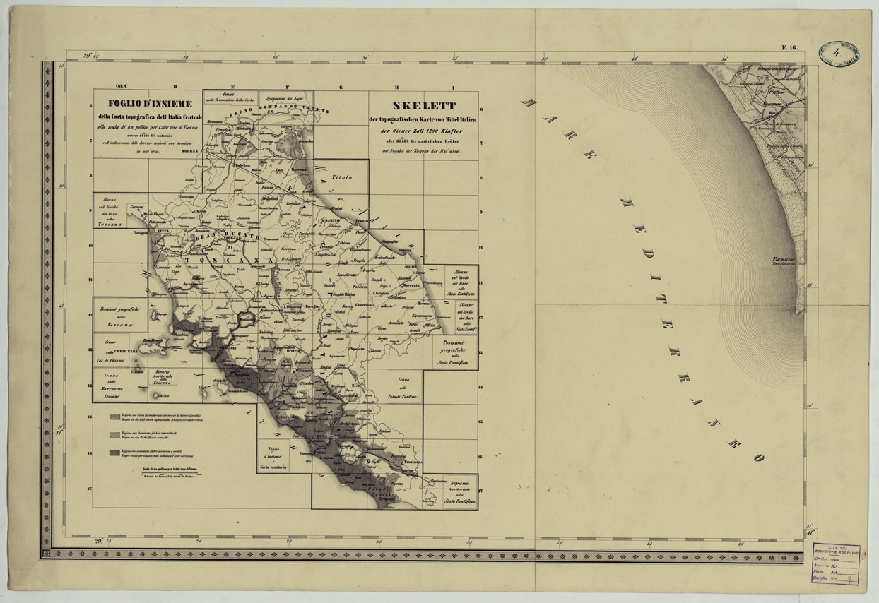 (N:24527) CARTA TOPOGRAFICA DELLO STATO PONTIFICIO E DAL GRAN-DUCATO DI TOSCANA COSTRUTTA SOPRA MISURE ASTRONOMICO TRIGONOMETRICHE CHE ED INCISA SOPRA PIETRA A VIENNA NELL'I.R. ISTITUTO GEOGRAFICO MILITARE PUBBLICATA NELL'ANNO 1851 - FOG. F.16 - QUADRO D'UNIONE (CA004524) Carte e stampe antiche: riproduzione a colori su carta (formato A1)
