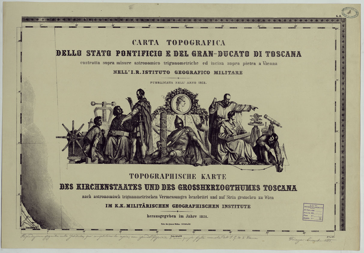 (N:24528) CARTA TOPOGRAFICA DELLO STATO PONTIFICIO E DAL GRAN-DUCATO DI TOSCANA COSTRUTTA SOPRA MISURE ASTRONOMICO TRIGONOMETRICHE CHE ED INCISA SOPRA PIETRA A VIENNA NELL'I.R. ISTITUTO GEOGRAFICO MILITARE PUBBLICATA NELL'ANNO 1851 - FOG. G.8 - TITOLO (CA004525) Carte e stampe antiche: riproduzione a colori su carta (formato A1)