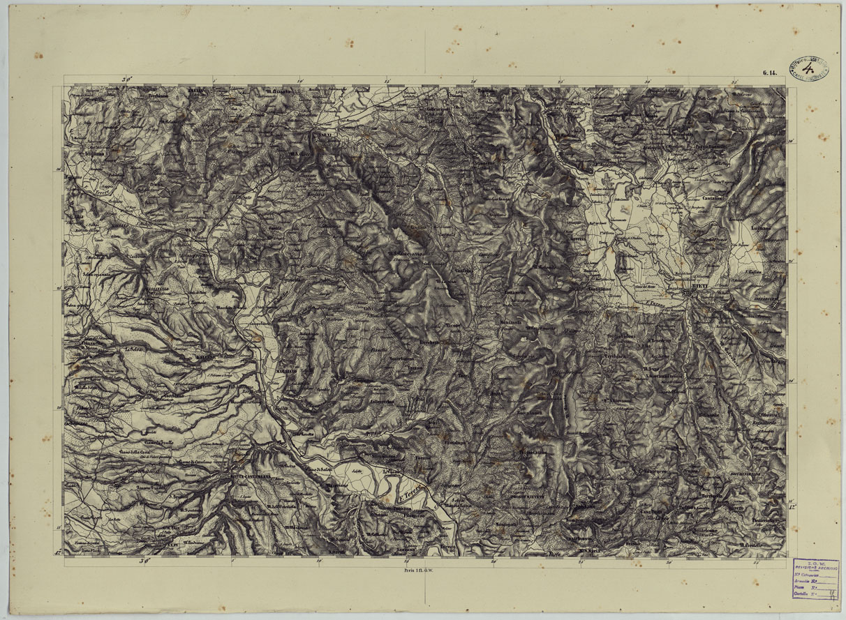 (N:24534) CARTA TOPOGRAFICA DELLO STATO PONTIFICIO E DAL GRAN-DUCATO DI TOSCANA COSTRUTTA SOPRA MISURE ASTRONOMICO TRIGONOMETRICHE CHE ED INCISA SOPRA PIETRA A VIENNA NELL'I.R. ISTITUTO GEOGRAFICO MILITARE PUBBLICATA NELL'ANNO 1851 - FOG. G.14 (CA004531) Carte e stampe antiche: riproduzione a colori su carta (formato A1)