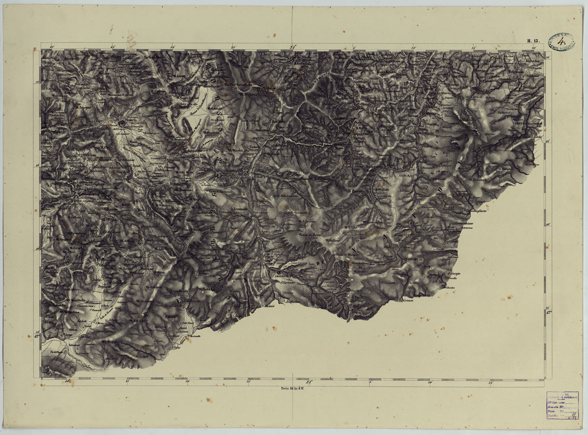 (N:24539) CARTA TOPOGRAFICA DELLO STATO PONTIFICIO E DAL GRAN-DUCATO DI TOSCANA COSTRUTTA SOPRA MISURE ASTRONOMICO TRIGONOMETRICHE CHE ED INCISA SOPRA PIETRA A VIENNA NELL'I.R. ISTITUTO GEOGRAFICO MILITARE PUBBLICATA NELL'ANNO 1851 - FOG. H.13 (CA004536) Carte e stampe antiche: riproduzione a colori su carta (formato A1)