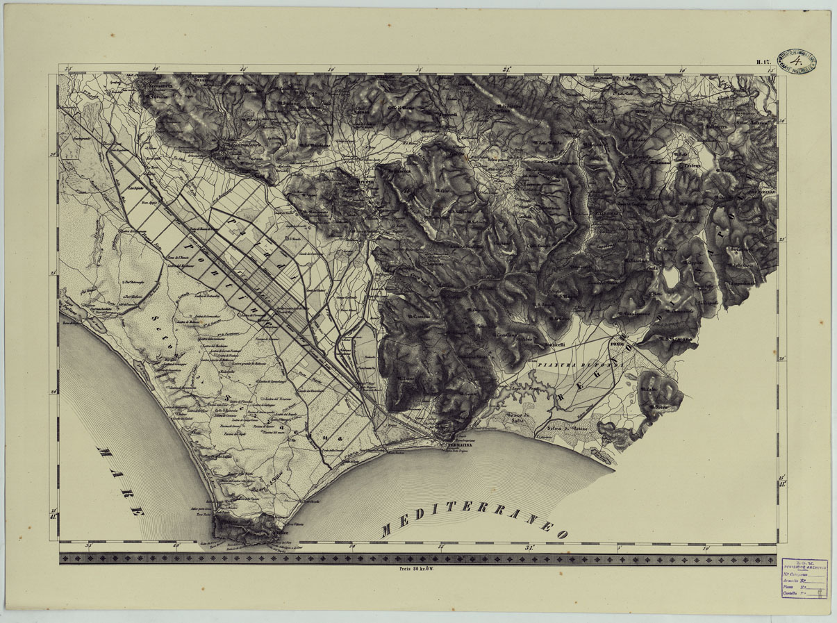 (N:24543) CARTA TOPOGRAFICA DELLO STATO PONTIFICIO E DAL GRAN-DUCATO DI TOSCANA COSTRUTTA SOPRA MISURE ASTRONOMICO TRIGONOMETRICHE CHE ED INCISA SOPRA PIETRA A VIENNA NELL'I.R. ISTITUTO GEOGRAFICO MILITARE PUBBLICATA NELL'ANNO 1851 - FOG. H.17 (CA004540) Carte e stampe antiche: riproduzione a colori su carta (formato A1)