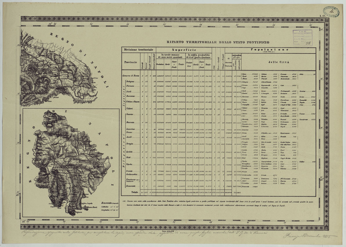 (N:24547) CARTA TOPOGRAFICA DELLO STATO PONTIFICIO E DAL GRAN-DUCATO DI TOSCANA COSTRUTTA SOPRA MISURE ASTRONOMICO TRIGONOMETRICHE CHE ED INCISA SOPRA PIETRA A VIENNA NELL'I.R. ISTITUTO GEOGRAFICO MILITARE PUBBLICATA NELL'ANNO 1851 - FOG. I.17 (CA004544) Carte e stampe antiche: riproduzione a colori su carta (formato A1)