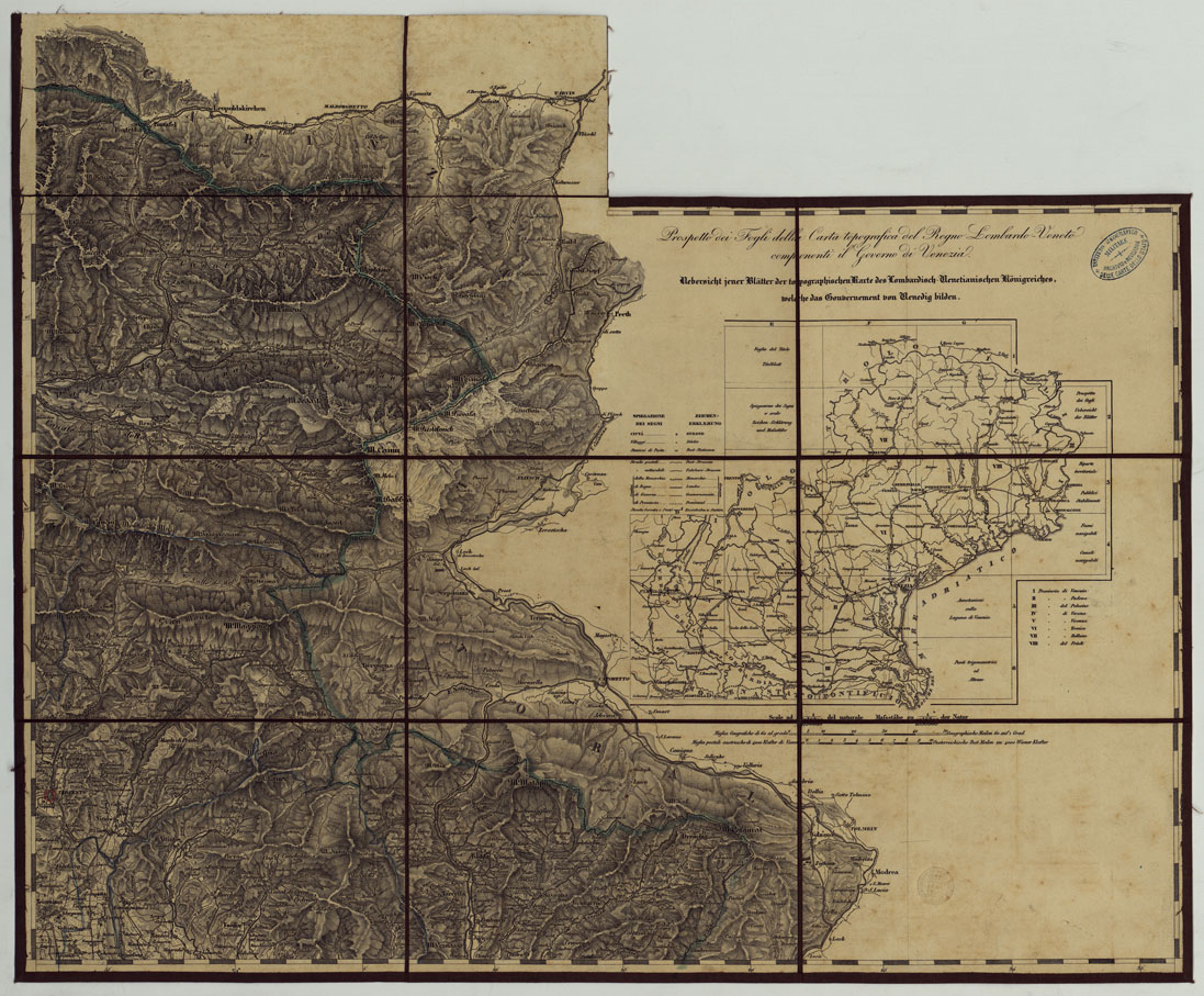 (N:14852) CARTA TOPOGRAFICA REGNO LOMBARDO-VENETO COSTRUTTA SOPRA MISURE ASTRONOMICO-TRIGONOMETRICHE ED INCISA A MILANO NELL'ISTITUO GEOGRAFICO MILTARE DELL'I.R. STATO MAGGIORE GENERALE AUSTRIACO. PUBBLICATA NELL'ANNO 1833 RETTIFICA NELL'ANNO 1856 - FOG.H1.H2. (CA004794) Carte e stampe antiche: riproduzione a colori su carta (formato A1)