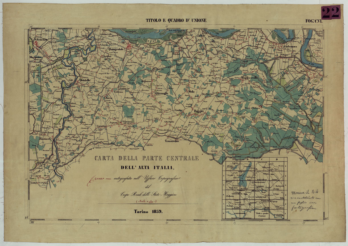 (N:13173) CARTA DELLA PARTE CENTRALE DELL'ALTA ITALIA AUTOGRAFATA NELL'UFFICIO TOPOGRAFICO DEL CORPO REALE DELLOSTATO MAGGIORE TORINO 1859 - FOG.C.VI QUADRO D'UNIONE (CA004871) Carte e stampe antiche: riproduzione a colori su carta (formato A1)