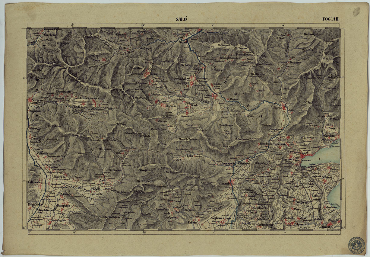 (N:13178) CARTA DELLA PARTE CENTRALE DELL'ALTA ITALIA AUTOGRAFATA NELL'UFFICIO TOPOGRAFICO DEL CORPO REALE DELLOSTATO MAGGIORE TORINO 1859 - FOG.A.II SALO' (CA004879) Carte e stampe antiche: riproduzione a colori su carta (formato A1)