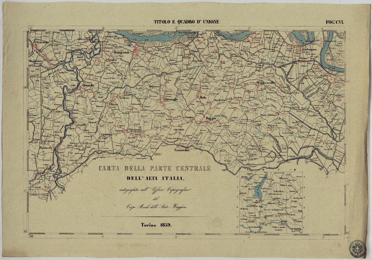 (N:13172) CARTA DELLA PARTE CENTRALE DELL'ALTA ITALIA AUTOGRAFATA NELL'UFFICIO TOPOGRAFICO DEL CORPO REALE DELLOSTATO MAGGIORE TORINO 1859 - FOG.C.VI. QUADRO D'UNIONE (CA004895) Carte e stampe antiche: riproduzione a colori su carta (formato A1)