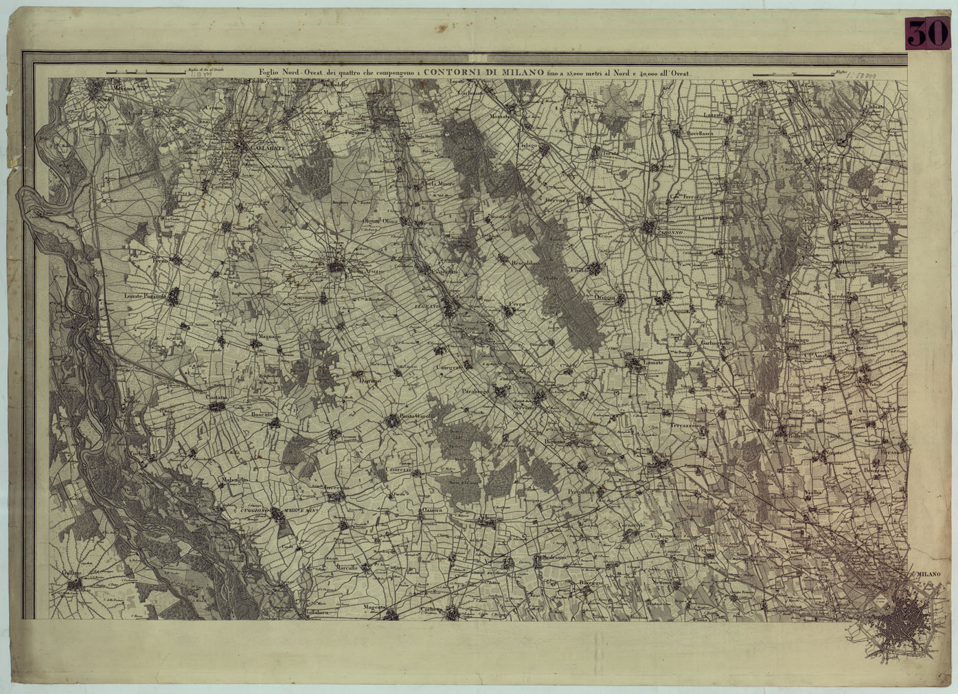 (N:9375) FOGLIO SUD-OVEST DEI QUATTRO CHE COMPONGONO I CONTORNI DI MILANO FINO A 25.000 METRI AL NORD E 40.000 ALL'EST. (CA004961) Carte e stampe antiche: riproduzione a colori su carta (formato A1)