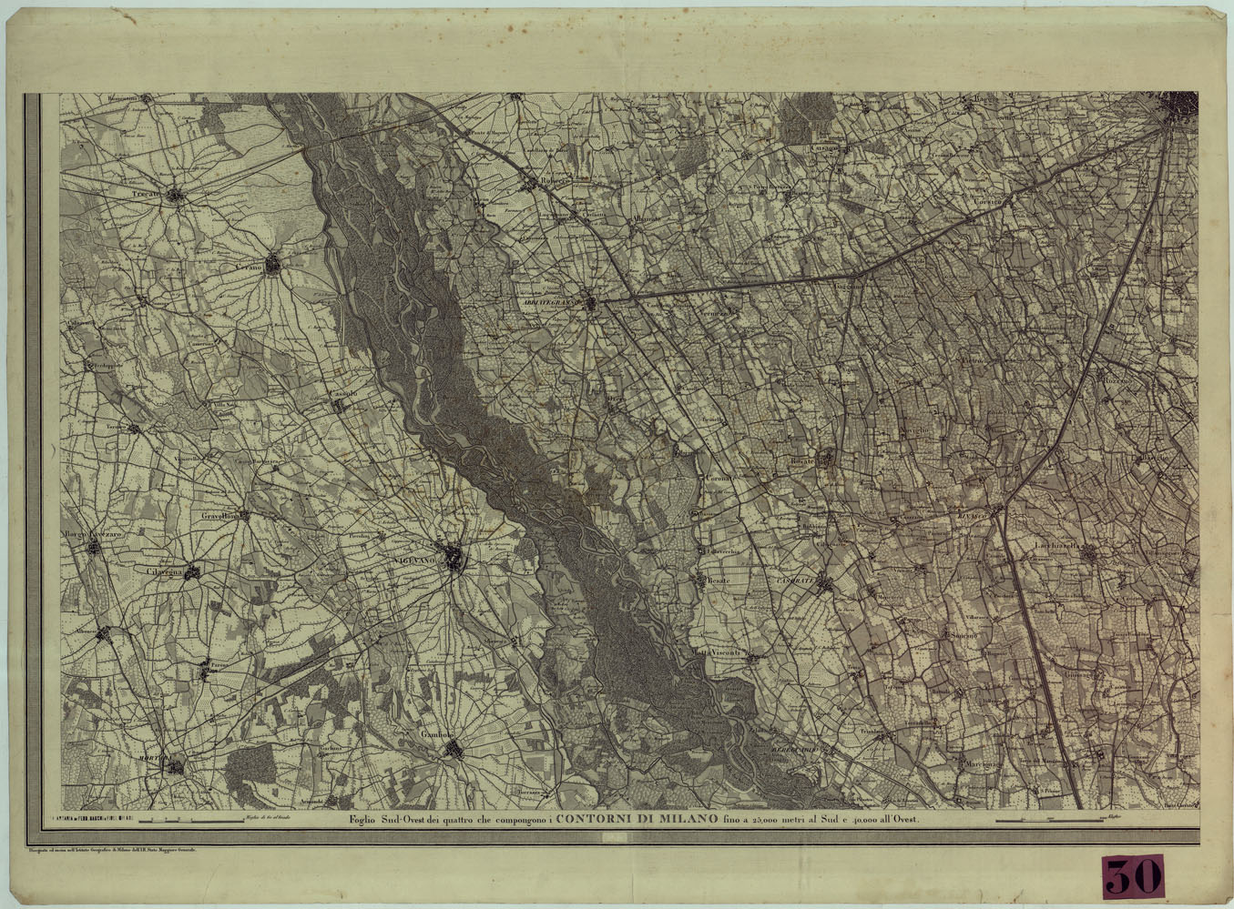 (N:9377) FOGLIO SUD-OVEST DEI QUATTRO CHE COMPONGONO I CONTORNI DI MILANO FINO A 25.000 METRI AL NORD E 40.000 ALL'EST. (CA004963) Carte e stampe antiche: riproduzione a colori su carta (formato A1)