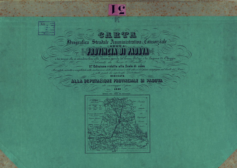 (N:24575) CARTA IDROGRAFICA STRADALE AMMINISTRATIVA CONSORZIALE DELLA PROVINCIA DI PADOVA E DEI TERRENI CHE SI ESTENDANO FINO ALLA SINISTRA SPONDA DEL FIUME ADIGE E LA LAGUNA DI CHIOGGIA. II EDIZIONE RIDOTTA ALLA SCALA DI 1 50.000. - COPERTINA (CA004965) Carte e stampe antiche: riproduzione a colori su carta (formato A1)