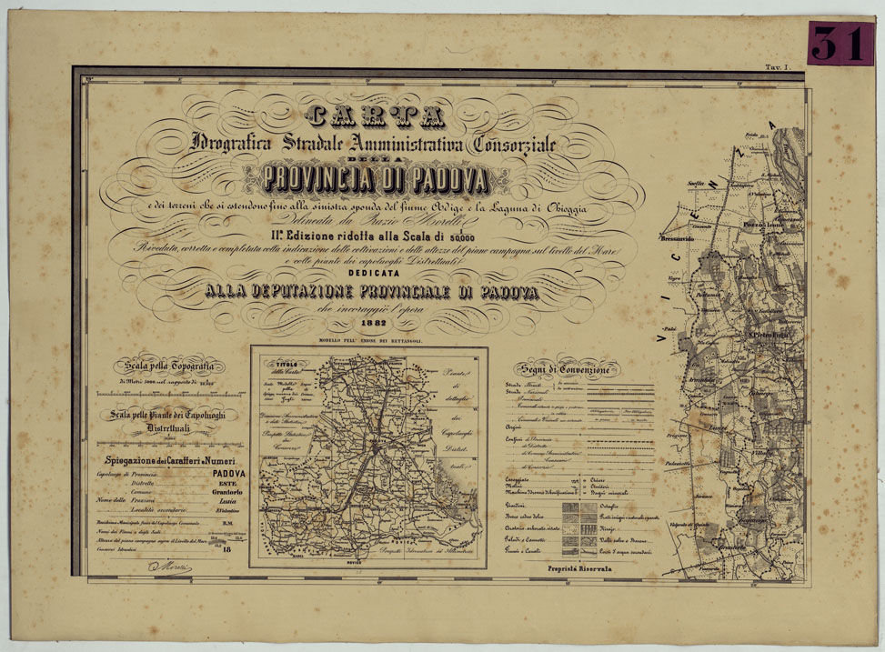 (N:14401) CARTA IDROGRAFICA STRADALE AMMINISTRATIVA CONSORZIALE DELLA PROVINCIA DI PADOVA E DEI TERRENI CHE SI ESTENDANO FINO ALLA SINISTRA SPONDA DEL FIUME ADIGE E LA LAGUNA DI CHIOGGIA. II EDIZIONE RIDOTTA ALLA SCALA DI 1 50.000. - QUADRO D'UNIONE TAVOLA 1 (CA004966) Carte e stampe antiche: riproduzione a colori su carta (formato A1)