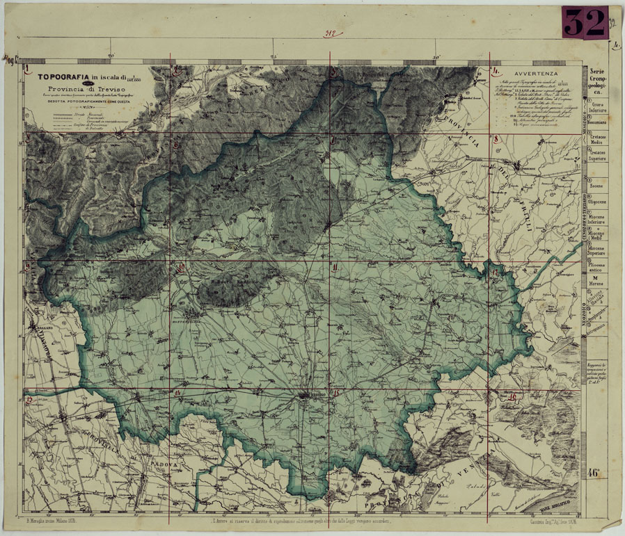 (N:14445) TOPOGRAFIA DELLA PROVINCIA DI TREVISO PER OPERA DELL'ING. ARCH. CIV. D'AGOSTINO CASSINIS MEDIANTE LA FOTOGRAFIA DALLA CARTE DELL'ISTITUTO GEOG. MILIT. DI VIENNA TRADOTTA IN SCALA DI 1 43,200 E RETTIFICATA SECONDO LE VARIAZIONI AVVENUTE FINO AL 1876. (CA004989) Carte e stampe antiche: riproduzione a colori su carta (formato A1)