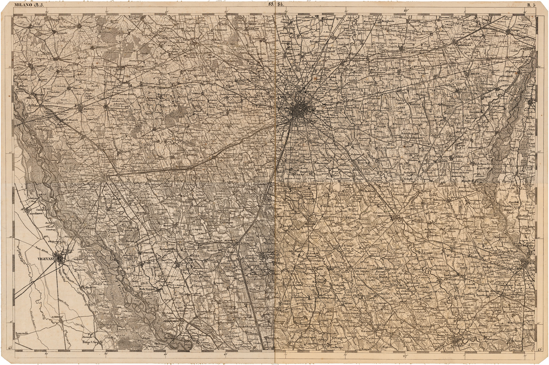 (N:12039) CARTA DEL LOMBARDO VENETO E ITALIA CENTRALE - FOGLIO B.5. MILANO (CA005113) Carte e stampe antiche: riproduzione a colori su carta (formato A1)