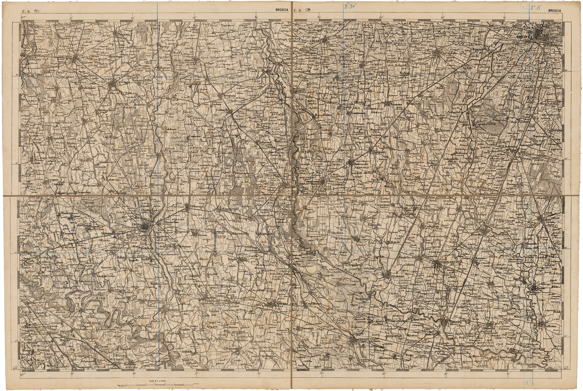 (N:11984) CARTA DEL LOMBARDO VENETO E ITALIA CENTRALE - FOGLIO C.5. BRESCIA (CA005129) Carte e stampe antiche: riproduzione a colori su carta (formato A1)