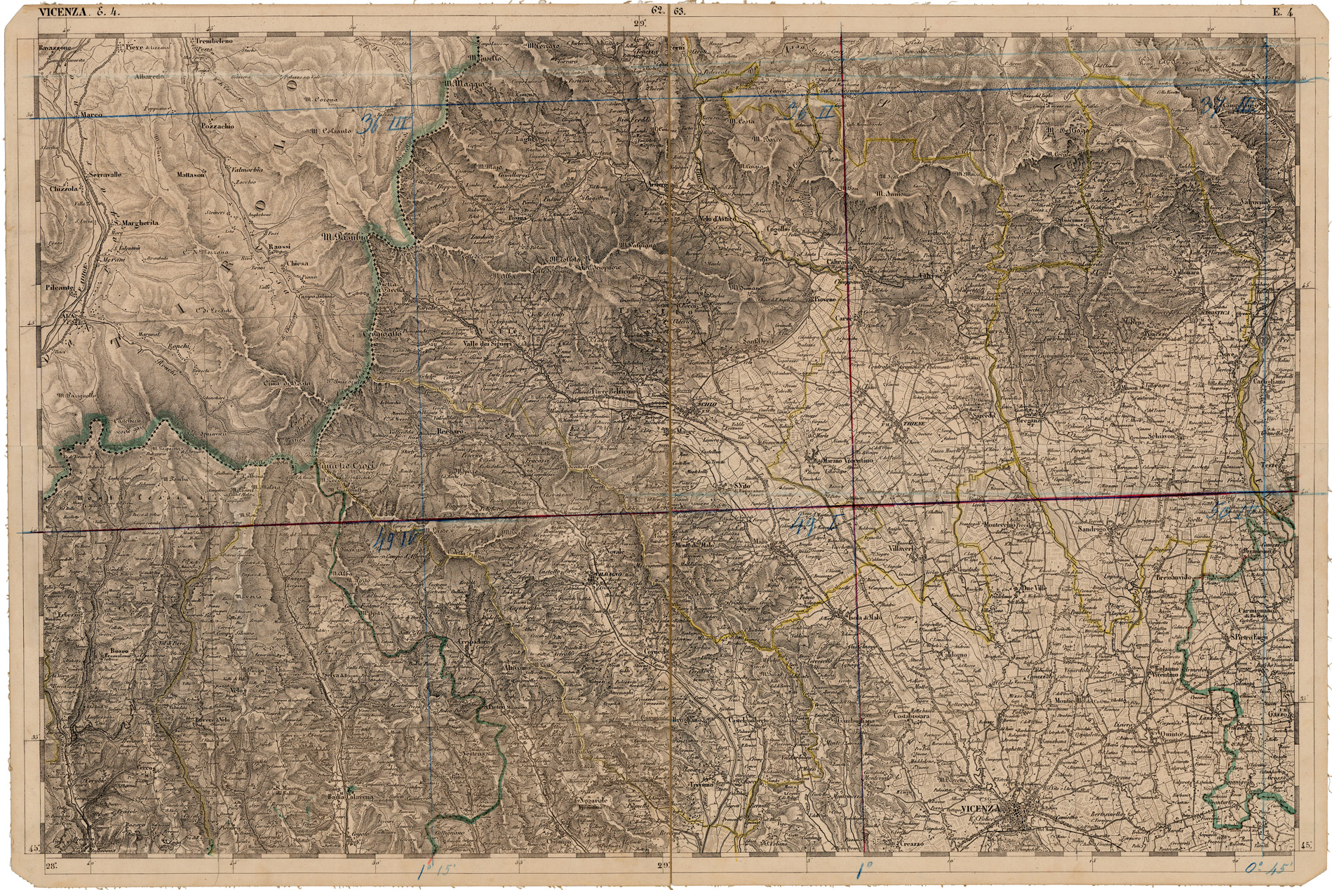 (N:12013) CARTA DEL LOMBARDO VENETO E ITALIA CENTRALE - FOGLIO E.4. VICENZA (CA005159) Carte e stampe antiche: riproduzione a colori su carta (formato A1)