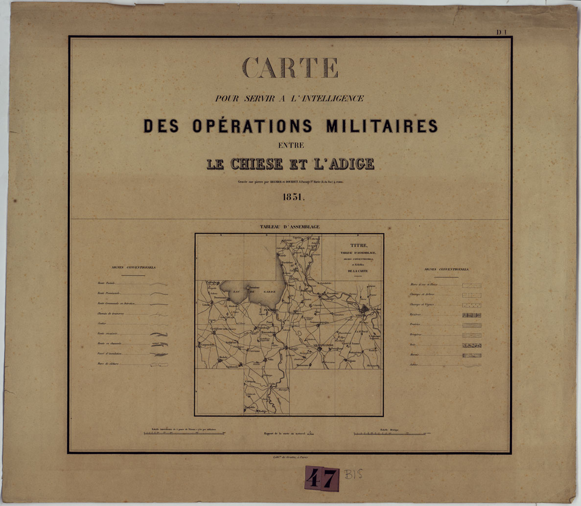 (N:8559) CARTE POUR SERVIR A L'INTELLIGENCE DES OPERATIONS MILITAIRES ENTRE LE CHIESE ET L'ADIGE GRAVEE SUR PIERRE PAR REGNER ET DOURDET 8 PASSAGE S.TE MARIE (R. DU BAC.) A' PARIS - TAVOLA D.1 TITOLO E QUADRO D'UNIONE (CA005232) Carte e stampe antiche: riproduzione a colori su carta (formato A1)