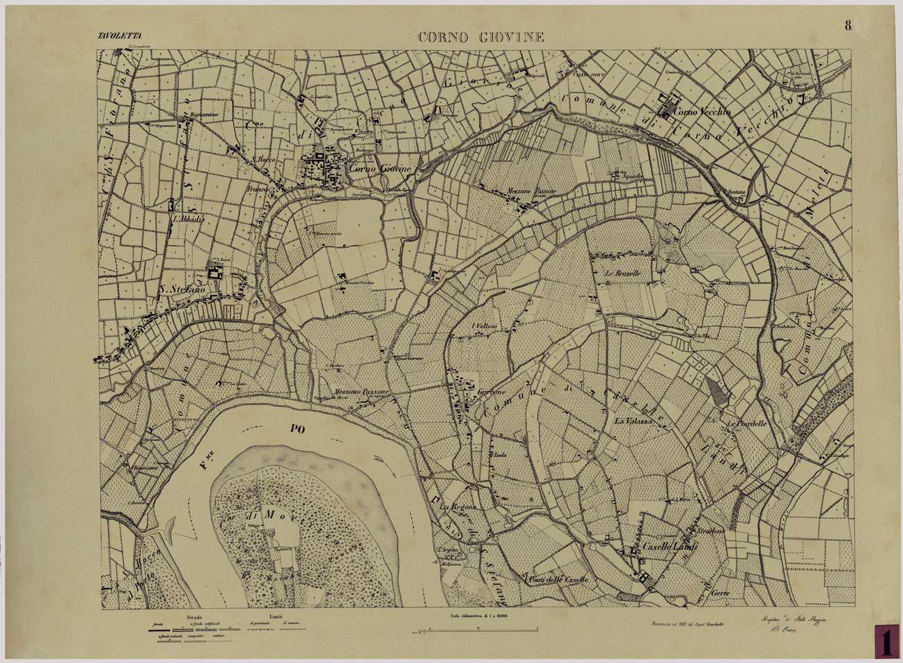 (N:24725) Valle del Po - Piacenza, Cremona, Pizzighettone - Tavola 8 - Corno Giovine (CA005399) Carte e stampe antiche: riproduzione a colori su carta (formato A1)
