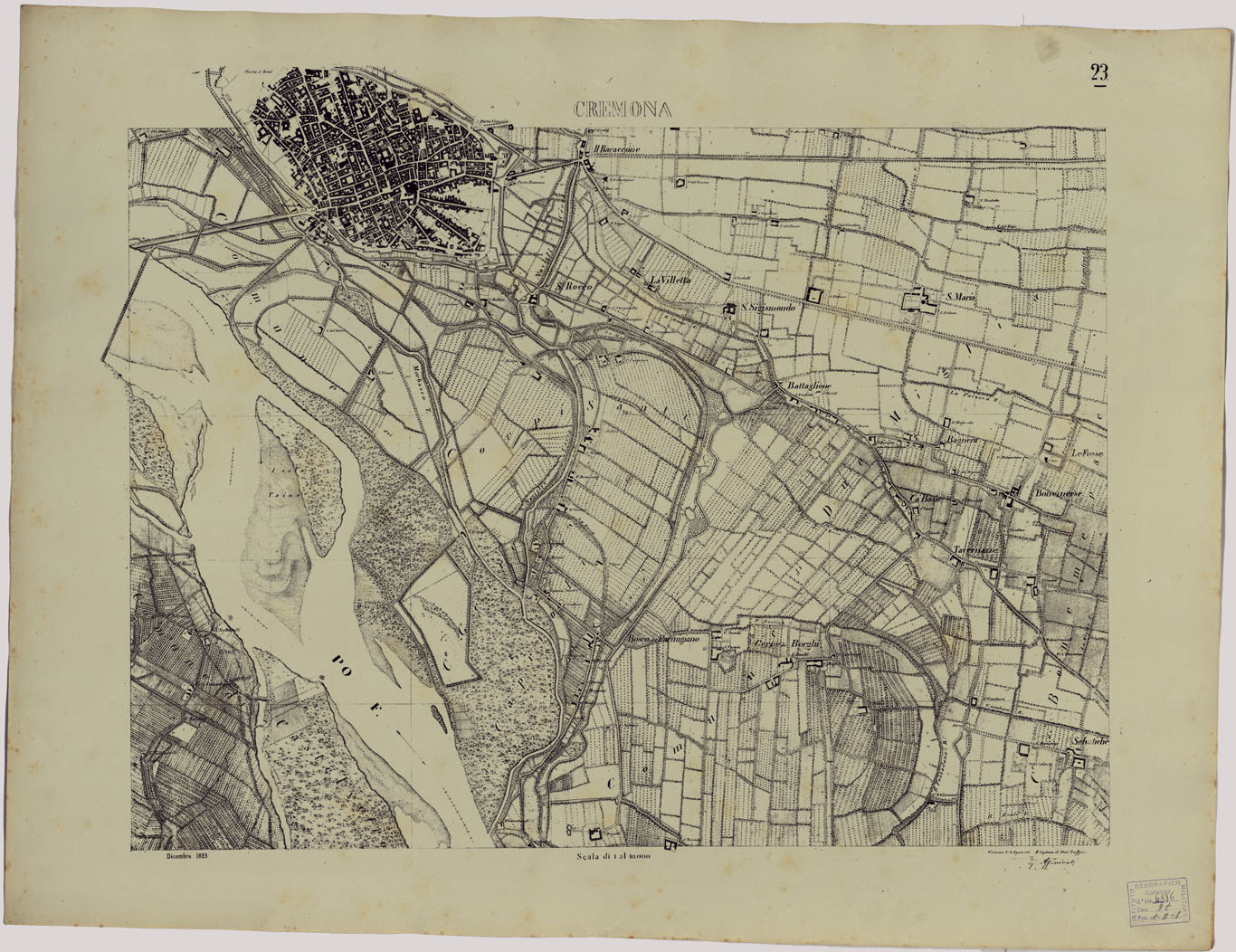(N:24755) Valle del Po - Piacenza, Cremona, Pizzighettone - Tavoletta 23 - Cremona (CA005429) Carte e stampe antiche: riproduzione a colori su carta (formato A1)