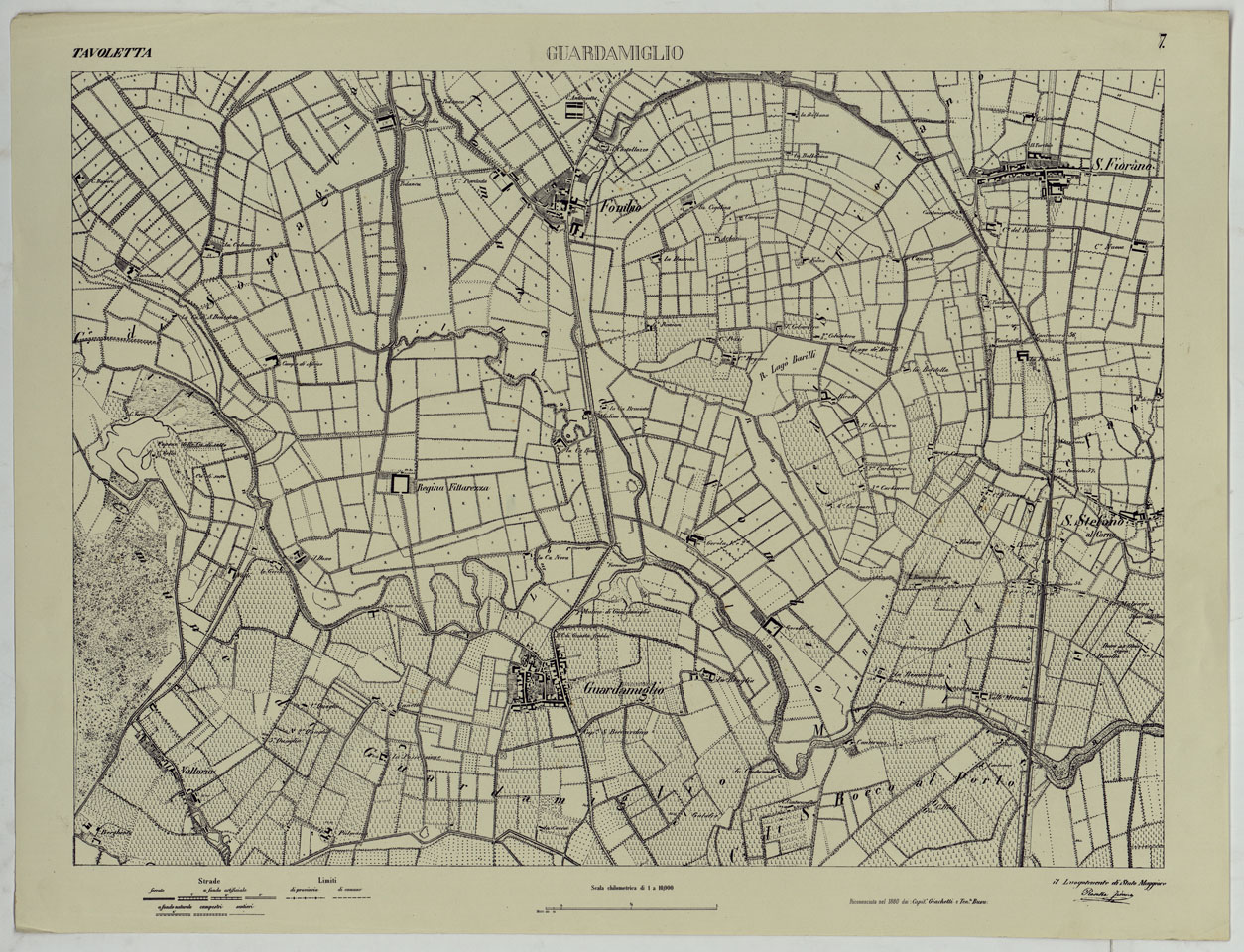 (N:24765) Valle del Po - Piacenza, Cremona, Pizzighettone - Tavoletta 7 - Guardamiglio (CA005440) Carte e stampe antiche: riproduzione a colori su carta (formato A1)
