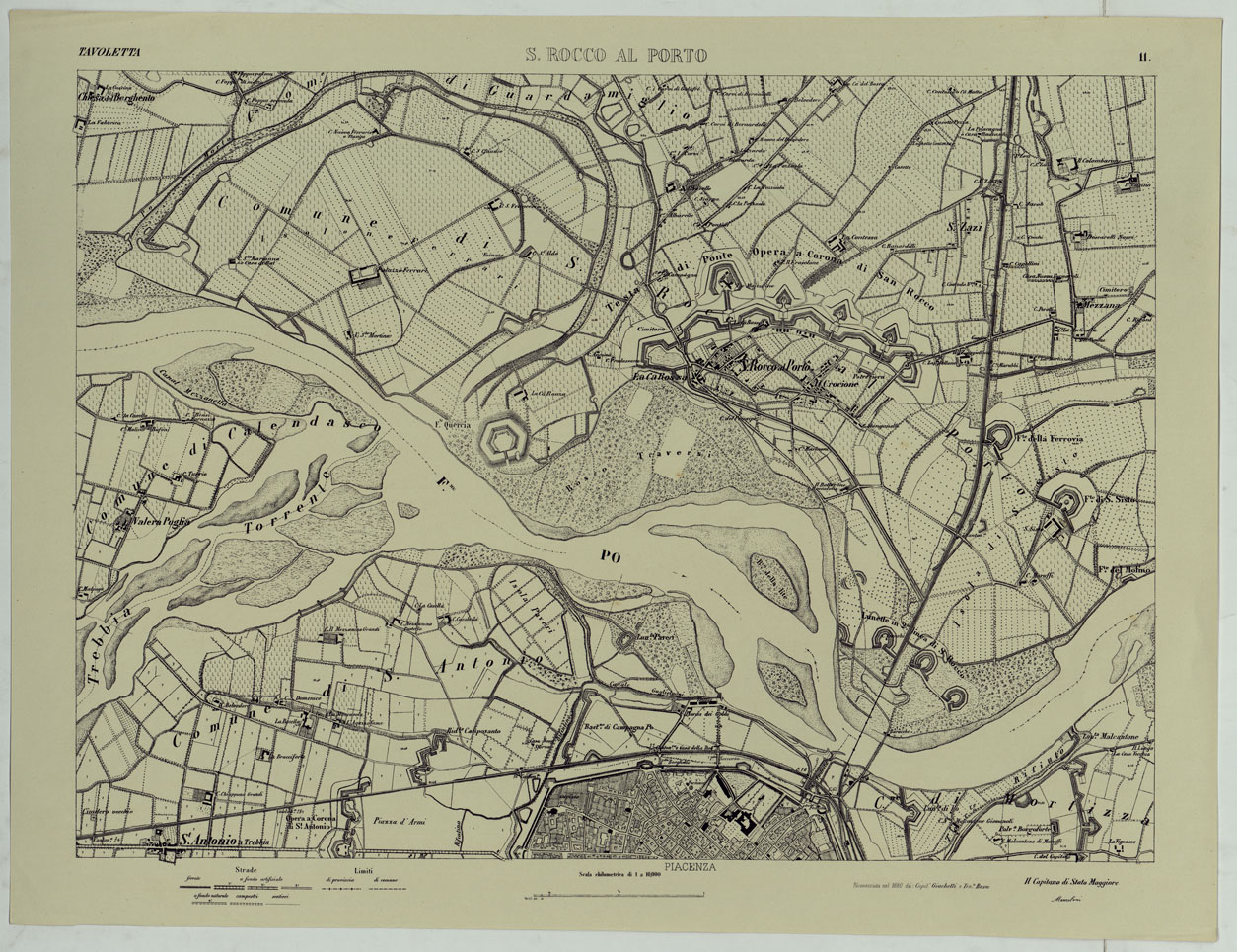 (N:24768) Valle del Po - Piacenza, Cremona, Pizzighettone - Tavoletta 11 - S. Rocco al Porto (CA005443) Carte e stampe antiche: riproduzione a colori su carta (formato A1)