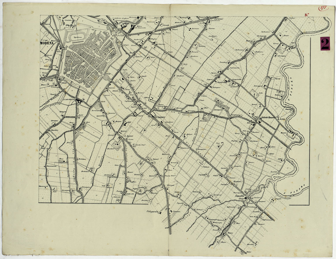 (N:9397) CARTA DEI DINTORNI DI MODENA FATTA PER CURA DELLA SCUOLA MILITARE - TAVOLA 4 (CA005548) Carte e stampe antiche: riproduzione a colori su carta (formato A1)