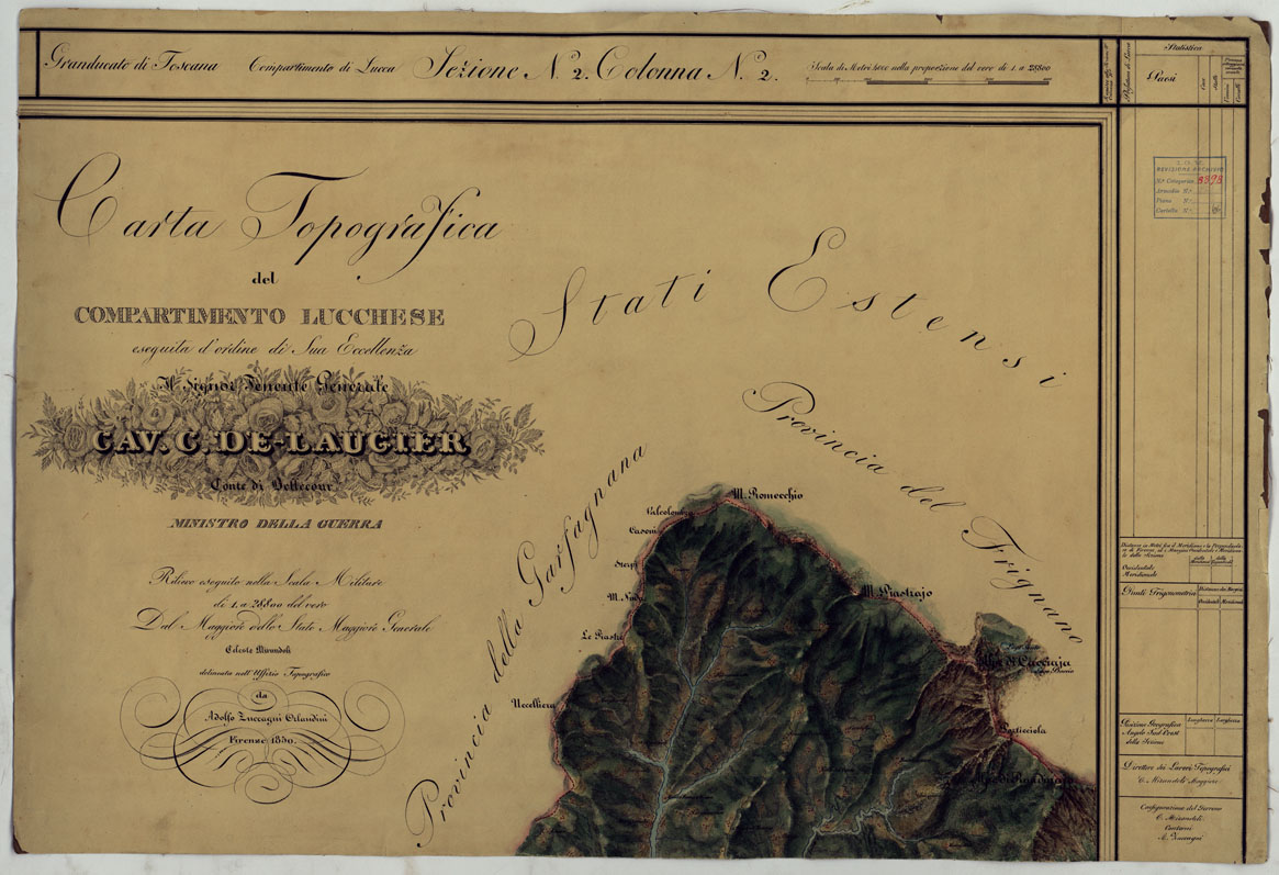 (N:6494) CARTA TOPOGRAFICA DEL COMPARTIMENTO LUCCHESE ESEGUITA D'ORDINE DI SUA ECCELLENZA IL SIGNOR TENENTE GENERALE CAV. G. DE LAUGIER CONTE DI BELLECOUR MINISTRO DELLA GUERRA - SEZIONE N. 2 COLONNA N. 2. (CA005561) Carte e stampe antiche: riproduzione a colori su carta (formato A1)