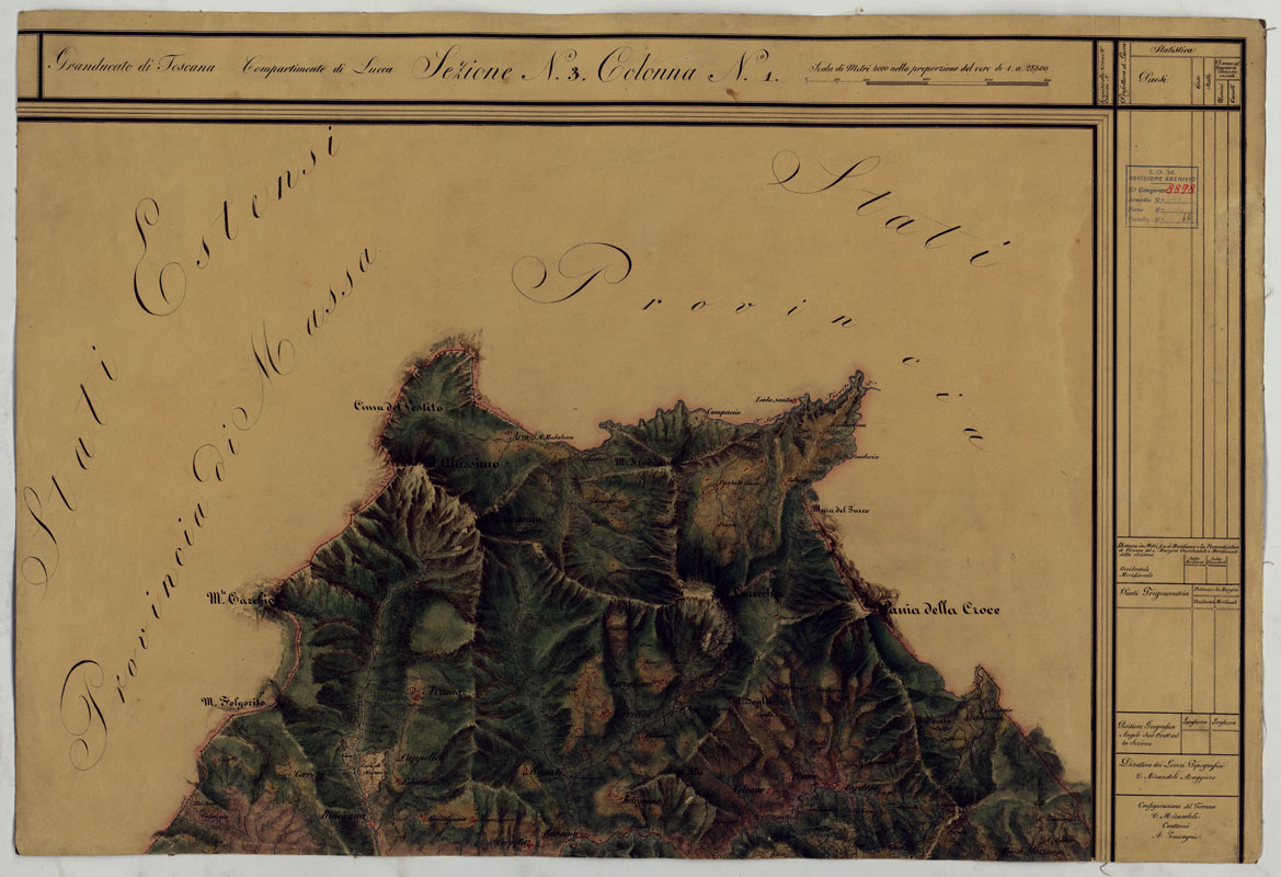 (N:6497) CARTA TOPOGRAFICA DEL COMPARTIMENTO LUCCHESE ESEGUITA D'ORDINE DI SUA ECCELLENZA IL SIGNOR TENENTE GENERALE CAV. G. DE LAUGIER CONTE DI BELLECOUR MINISTRO DELLA GUERRA - SEZIONE N. 3 COLONNA N. 1. (CA005564) Carte e stampe antiche: riproduzione a colori su carta (formato A1)