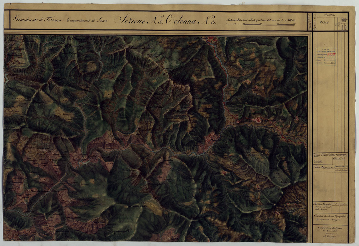 (N:6499) CARTA TOPOGRAFICA DEL COMPARTIMENTO LUCCHESE ESEGUITA D'ORDINE DI SUA ECCELLENZA IL SIGNOR TENENTE GENERALE CAV. G. DE LAUGIER CONTE DI BELLECOUR MINISTRO DELLA GUERRA - SEZIONE N. 3 COLONNA N. 3. (CA005566) Carte e stampe antiche: riproduzione a colori su carta (formato A1)