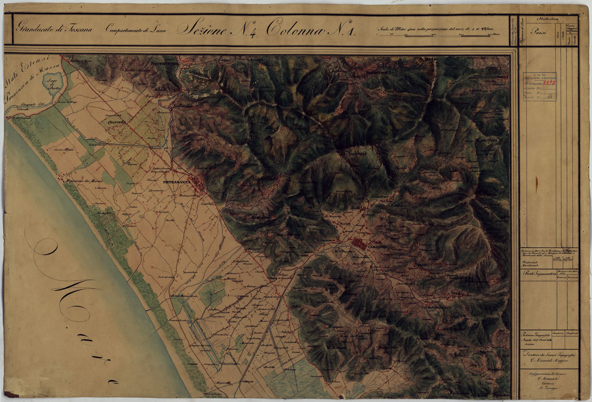 (N:6502) CARTA TOPOGRAFICA DEL COMPARTIMENTO LUCCHESE ESEGUITA D'ORDINE DI SUA ECCELLENZA IL SIGNOR TENENTE GENERALE CAV. G. DE LAUGIER CONTE DI BELLECOUR MINISTRO DELLA GUERRA - SEZIONE N. 4 COLONNA N. 1. (CA005569) Carte e stampe antiche: riproduzione a colori su carta (formato A1)